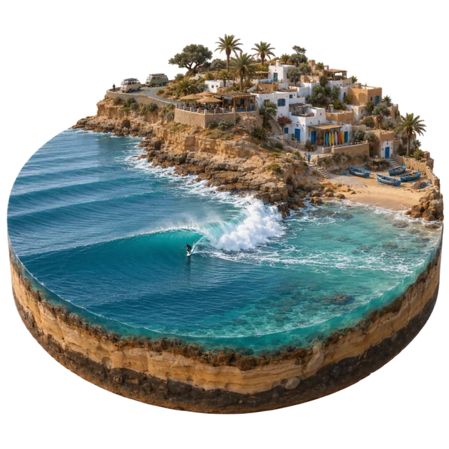 Miniature model of a Moroccan surf village on a round slab of ocean: white and ochre houses with blue doors on a sandstone point, palm trees, a cliff-top cafe, two camper vans on the coast road, blue fishing boats and surfboards on a sandy cove, and a surfer riding a long turquoise wave peeling along the point